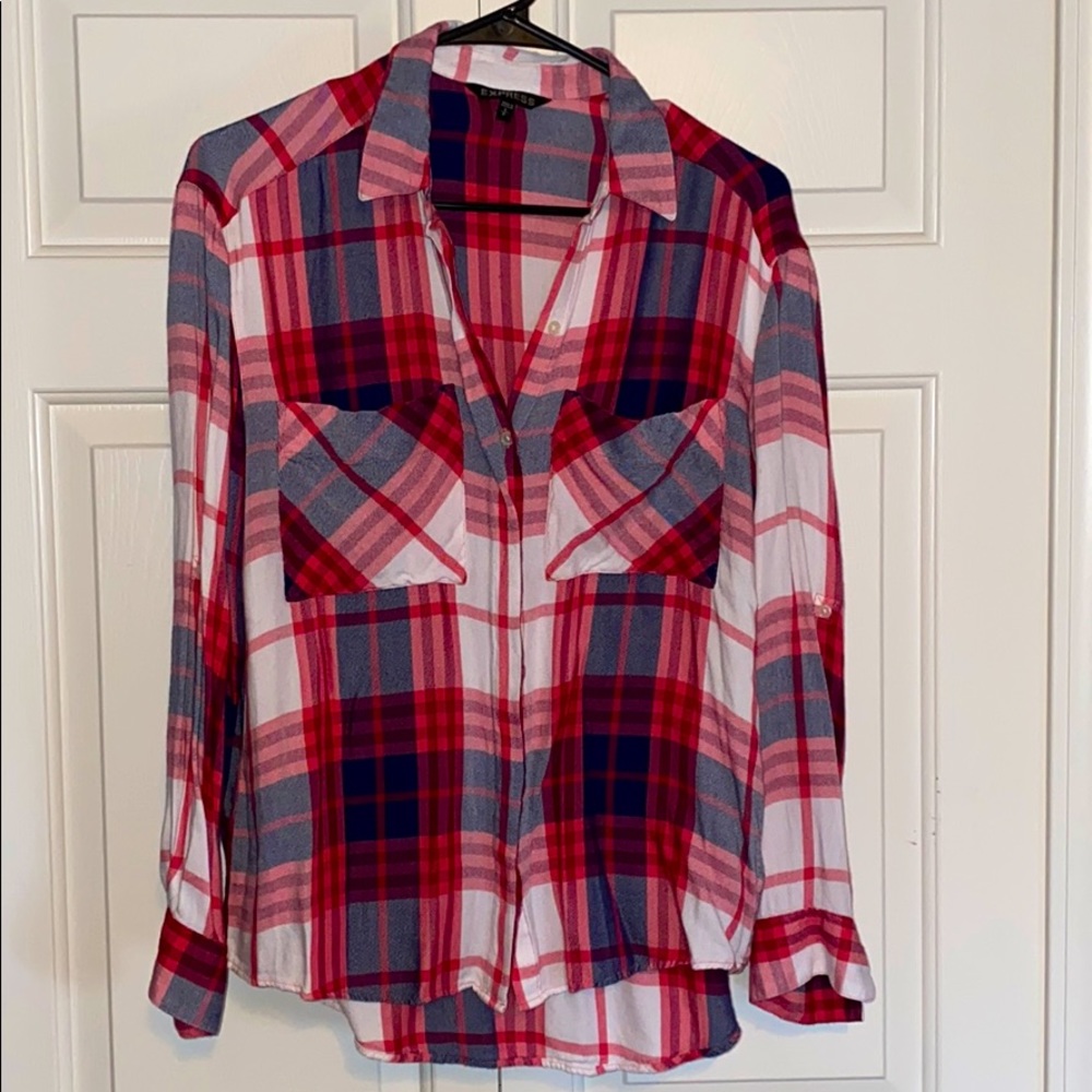Express plaid button up top
